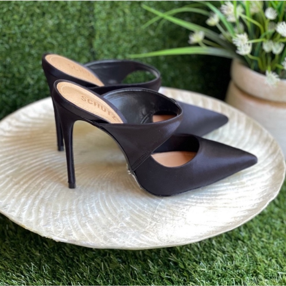 Black Satin Mule Pumps - Picture 3 of 5